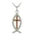 Rose Gold over Silver Champagne Diamond Accent Jesus Fish Necklace