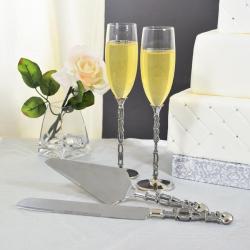 Bride and Groom Love Champagne Flutes and Cake Server Set