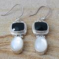 Silver Onyx and Rainbow Moonstone Bali Dangle Earrings (Indonesia)