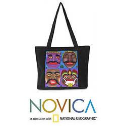 Cotton 'Bali Masks' Medium Tote Handbag (Indonesia)