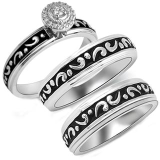 Sterling Silver 1/10ct TDW Diamond His and Her Matching Engagement and Wedding Band (I-J, I2-I3)