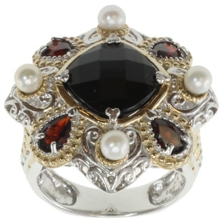 Michael Valitutti Two-tone Black Spinel, Pearl and Garnet Ring