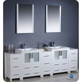 See Reviews Fresca Torino 84-inch White Modern Bathroom Double Vanity with Side Cabinets and Undermount Sinks