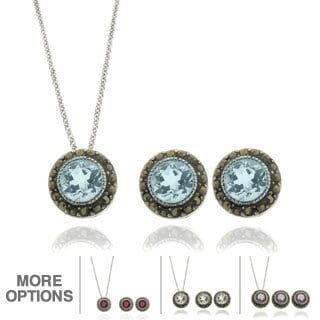 Dolce Giavonna Silver Overlay Gemstone and Marcasite Circle Jewelry Set