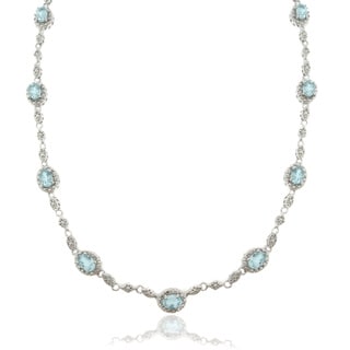Dolce Giavonna Silver Overlay 8ct Blue Topaz and Diamond Accent Oval Link Necklace