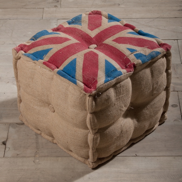 Union Jack Burlap Pouf Ottoman (India) 14919029