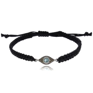 Dolce Giavonna Silver Overlay Marcasite and Simulated Aquamarine Evil Eye Bracelet