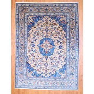 Persian Hand-knotted Mashad Beige/ Blue Wool Rug (8'2 x 11')