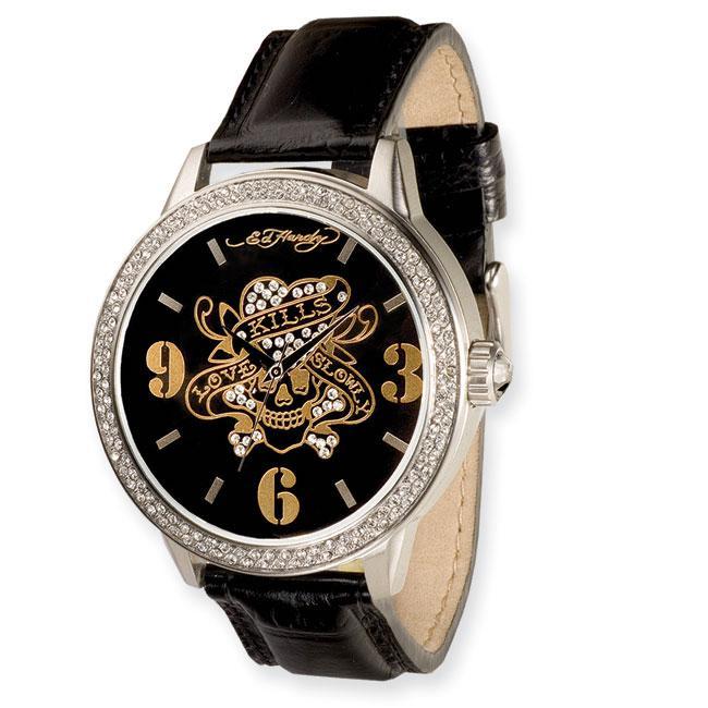 Ed Hardy Men's Apollo/ Love Kills Black Leather Strap Watch