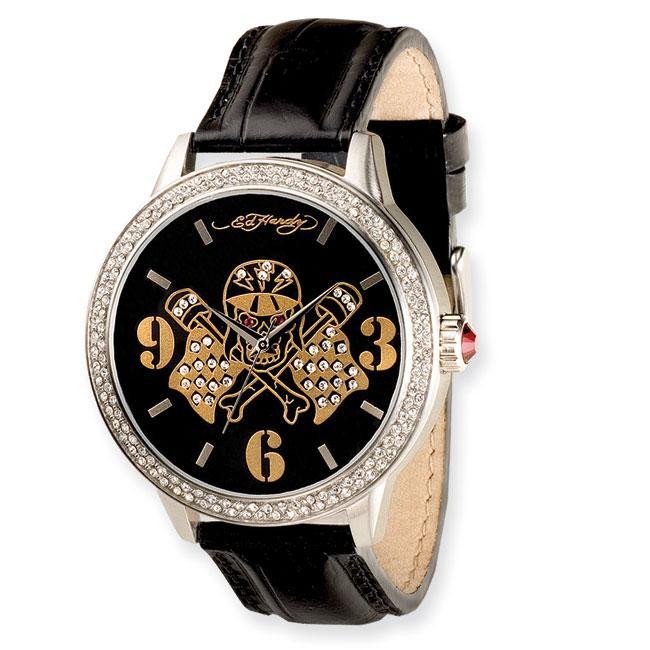 Ed Hardy Men's Apollo Skull/ Flags Black Leather Strap Watch