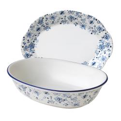 Pfaltzgraff Blue Meadows Oval Ruffled Platter and Vegetable Bowl Serving Set 