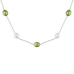 14k White Gold Green and White Freshwater Pearl Necklace (8-9 mm)