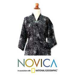 Men's Cotton 'Black Cosmos' Batik Robe (Indonesia)