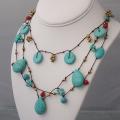 Cotton Turquoise, Coral and Pearl Brass Bead Necklace (7 mm) (Thailand)