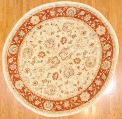 Afghani Hand-knotted Ivory/ Red Vegetable Dye Wool Rug (8' Round)