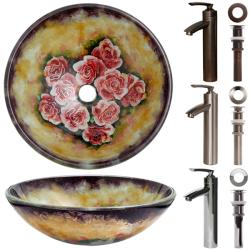 Geyser Tempered Glass Beige/ Floral Bathroom Vessel Sink Faucet Combo
