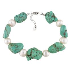 Sterling Silver Natural Turquoise and FW Pearl Bracelet (8.5-10 mm)