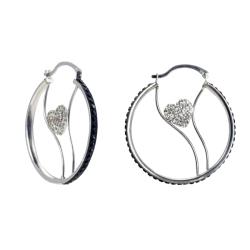 Sterling Silver Black and White Crystal Heart Hoop Earrings