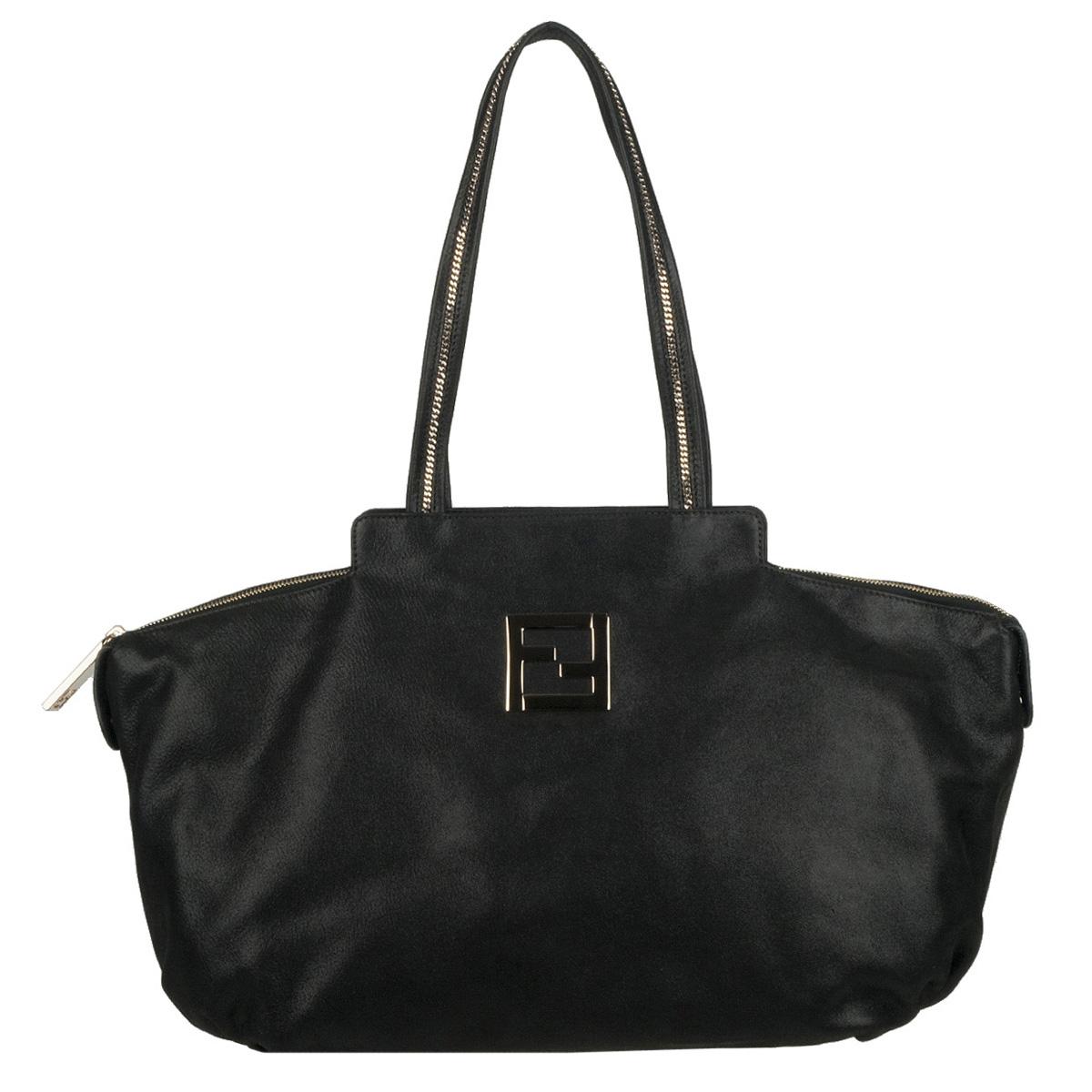 Fendi Chains Black Suede Leather Tote Bag