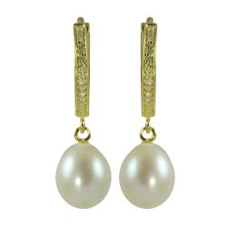 14k Gold/ Silver Pearl and 1/10ct TDW Diamond Earrings (I-J, I1-I2) (8.5-9 mm)