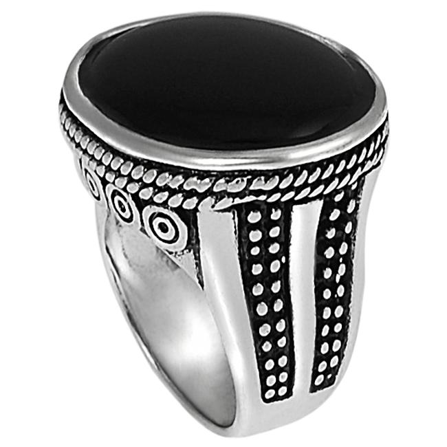 Silvertone Oval-cut Created Black Agate Rope Detail Ring