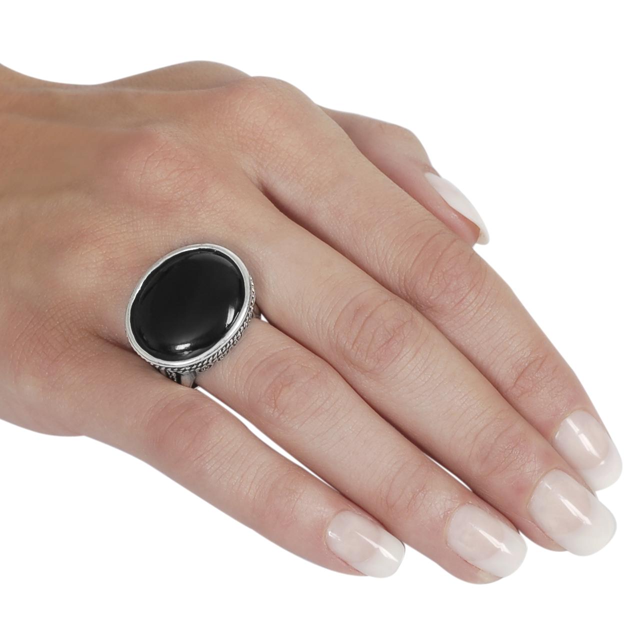 Silvertone Oval-cut Created Black Agate Rope Detail Ring