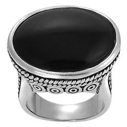 Silvertone Oval-cut Created Black Agate Rope Detail Ring