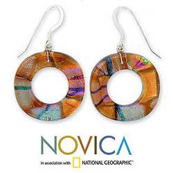Sterling Silver 'Open Sun' Art Glass Dangle Earrings (Mexico)