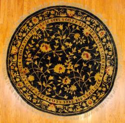 Indo Hand-knotted Black/ Beige Tibetan Wool Rug (8' Round)
