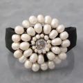 Freshwater White Pearls and Crystal Floral Leather Cuff Bracelet (Thailand)