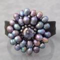 Freshwater Black Pearls and Crystal Leather Cuff Bracelet (Thailand)