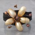 Leather Golden Pearlized Shell/ Pearls Floral Cuff (3-12 mm) (Thailand)