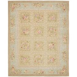 Handmade Bouquet Tiles Sand/ Green Wool and Silk Rug (9'6 x 13'6)