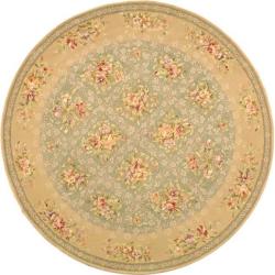 Handmade Bouquet Tiles Green/ Sand Wool and Silk Rug (3' 9 Round)
