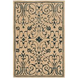 Handmade Zen Bouquet Beige/ Blue Wool and Silk Rug (4'6 x 5'6)
