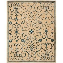 Handmade Zen Bouquet Beige/ Blue Wool and Silk Rug (7'6 x 9'6)