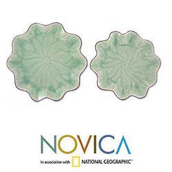 Set of 2 Ceramic 'Lotus Unity' Celadon Plates (Thailand)