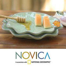 Set of 2 Ceramic 'Lotus Unity' Celadon Plates (Thailand)