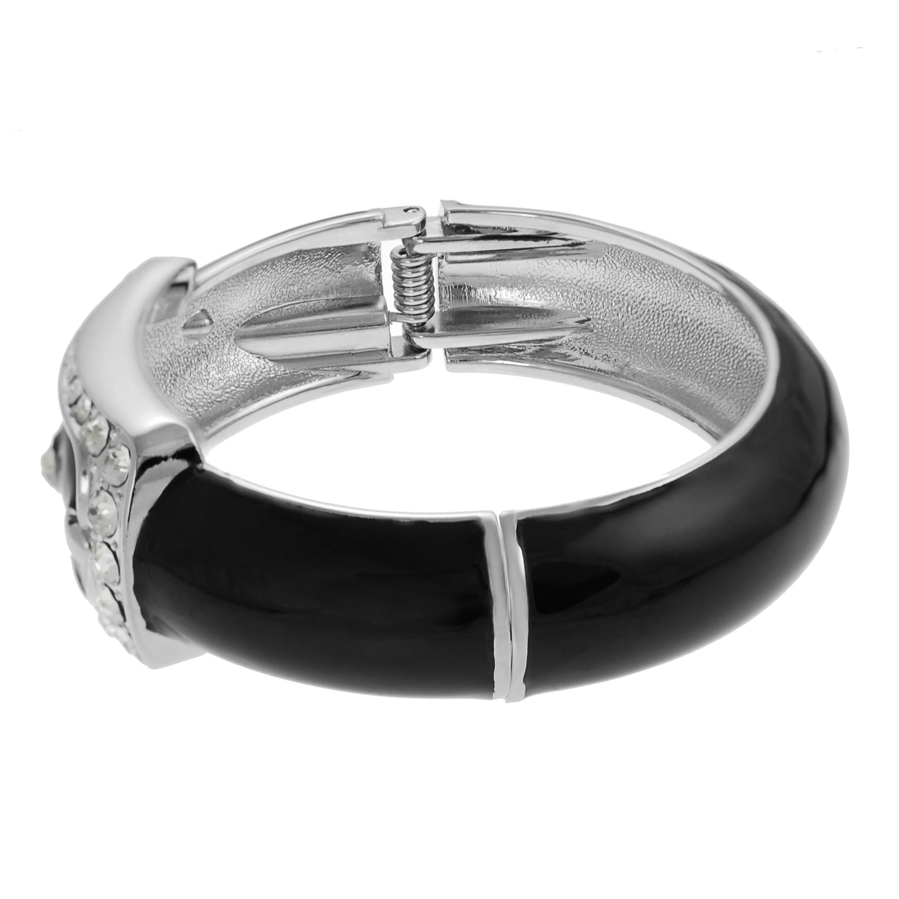 Journee Collection Silvertone CZ Black Enamel Buckle Bracelet