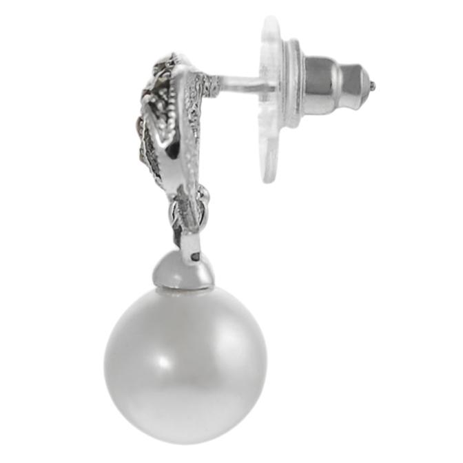 Silvertone Created Marcasite and Faux Pearl Bow Earrings