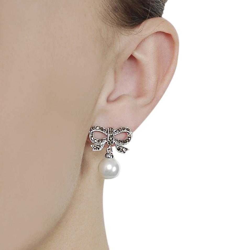 Silvertone Created Marcasite and Faux Pearl Bow Earrings