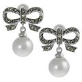 Silvertone Created Marcasite and Faux Pearl Bow Earrings