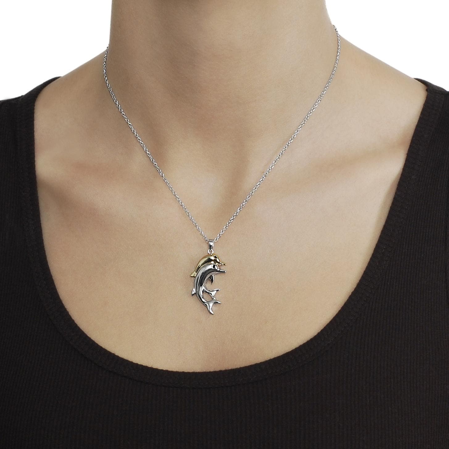 Journee Collection Two tone Black CZ Dolphin Necklace