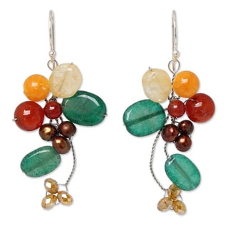 Pearl 'Golden Bouquet' Multi-gemstone Earrings (4-4.5 mm) (Thailand)