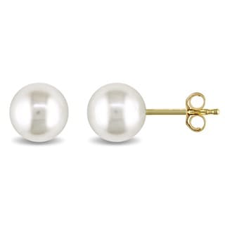 New! Miadora 10k Yellow Gold Cultured White Pearl Stud Earrings (6-6.5 mm)