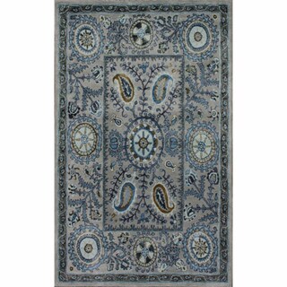 Handmade Paisley Suzanni Light Blue Wool Rug