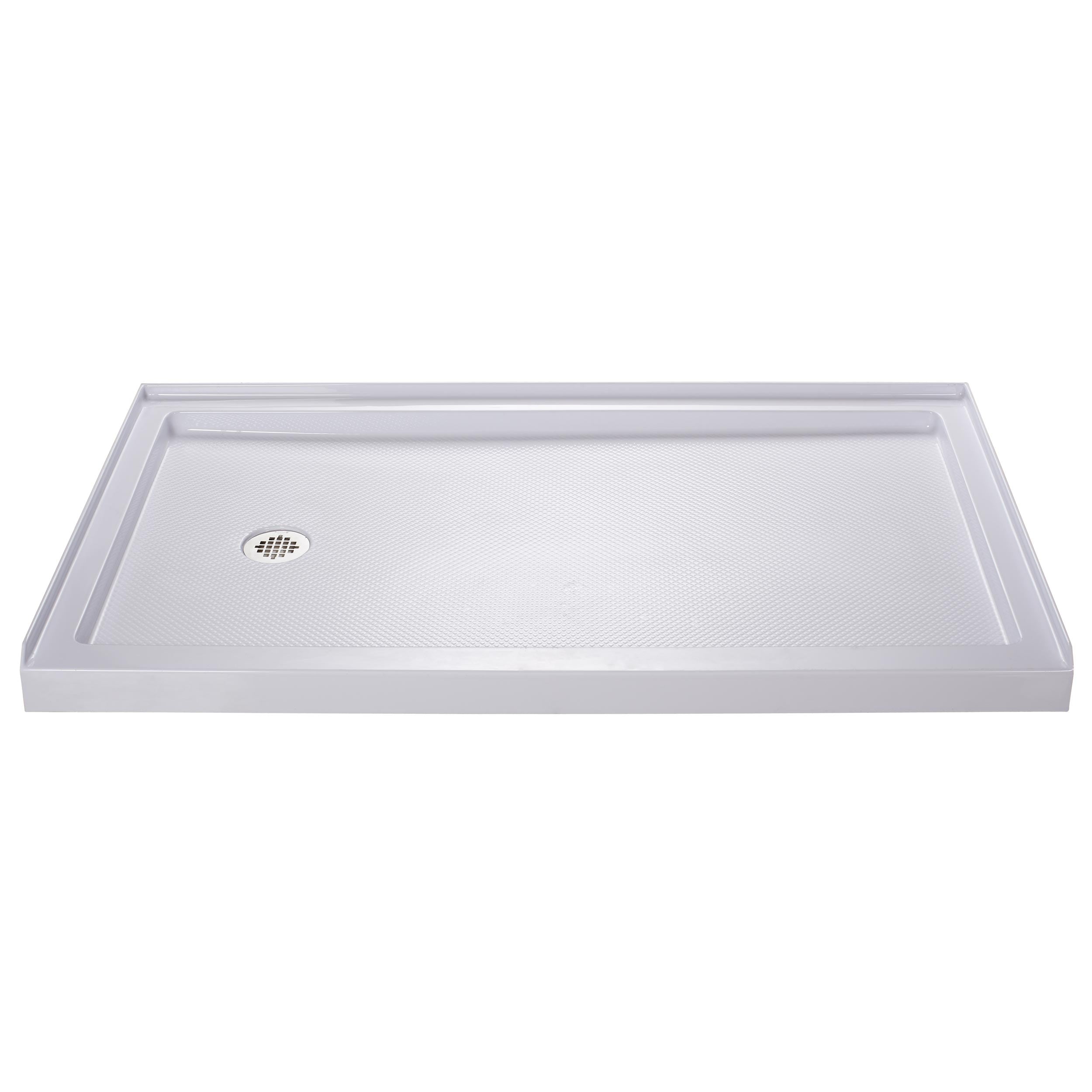 Dreamline 60x32 Slimline Single Threshold Shower Base (WhiteMaterials Acrylic/ ABSNumber of pieces One (1) Dimensions 2.75 inches high x 60 inches wide x 32 inches deepDrain configuration Center, left hand or right hand  High quality scratch and stain