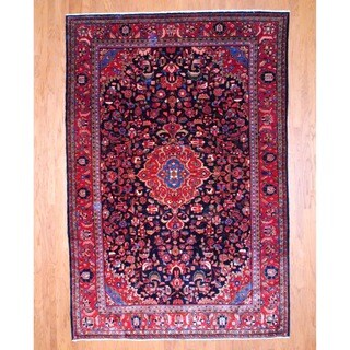 Persian Hand-knotted Lilihan Sarouk Navy/ Red Wool Rug (7'8 x 11'3)