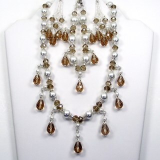 White Glass Pearl and Caramel Crystal Jewelry Set
