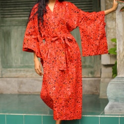 Cotton 'Red Floral Kimono' Batik Robe (Indonesia)-Image